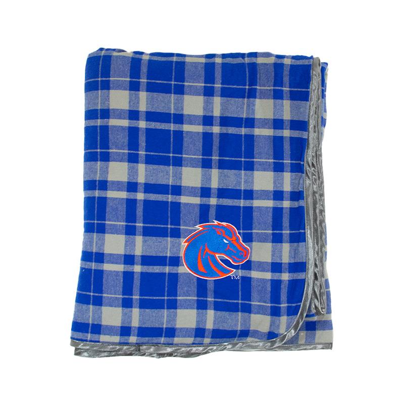 Boise State Flannel Blanket - Plaid with Athletic Logo by Boxercraft (Royal Blue) (SKU 13450519497) Boise State Flannel Blanket - Plaid with Athletic Logo by Boxercraft (Royal Blue) - main view