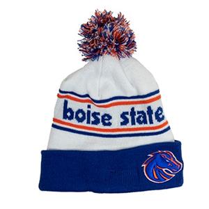 Image of BOISE STATE KNIT BEANIE WORDMARK CUFF CENTER LINES WHITE MULTI POM -  1