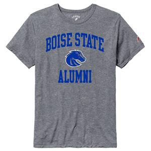 Image of Boise State Tee, Logo Between Wordmark and Alumni by League Collegiate Wear, Heather Gray