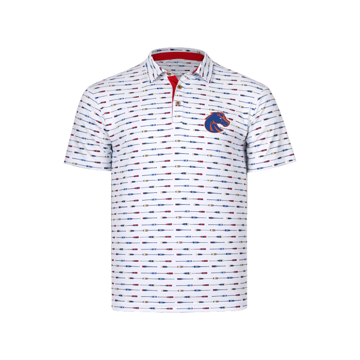 Boise State Polo - Oars Allover Print, Athletic Logo Left Chest, White by Swannies (SKU 13449148623) Boise State Polo - Oars Allover Print, Athletic Logo Left Chest, White by Swannies - main view