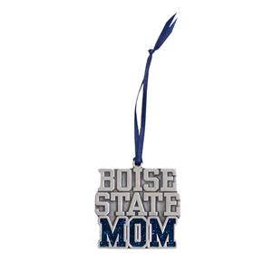 Image of Boise State University Ornament - Mom Wordmark Pewter with Blue Glitter, Logo on Back by RFSJ
