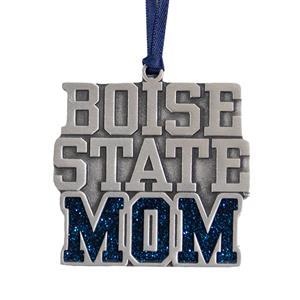 Boise State University Ornament - Mom Wordmark Pewter with Blue Glitter, Logo on Back by RFSJ - 1 (SKU: 13251130539) Boise State University Ornament - Mom Wordmark Pewter with Blue Glitter, Logo on Back by RFSJ - 1
