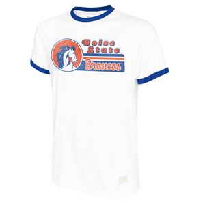 Image of Boise State Tee, Circle Vault Logo Throwback Ringer by Retro Brand, White with Royal Blue Trim