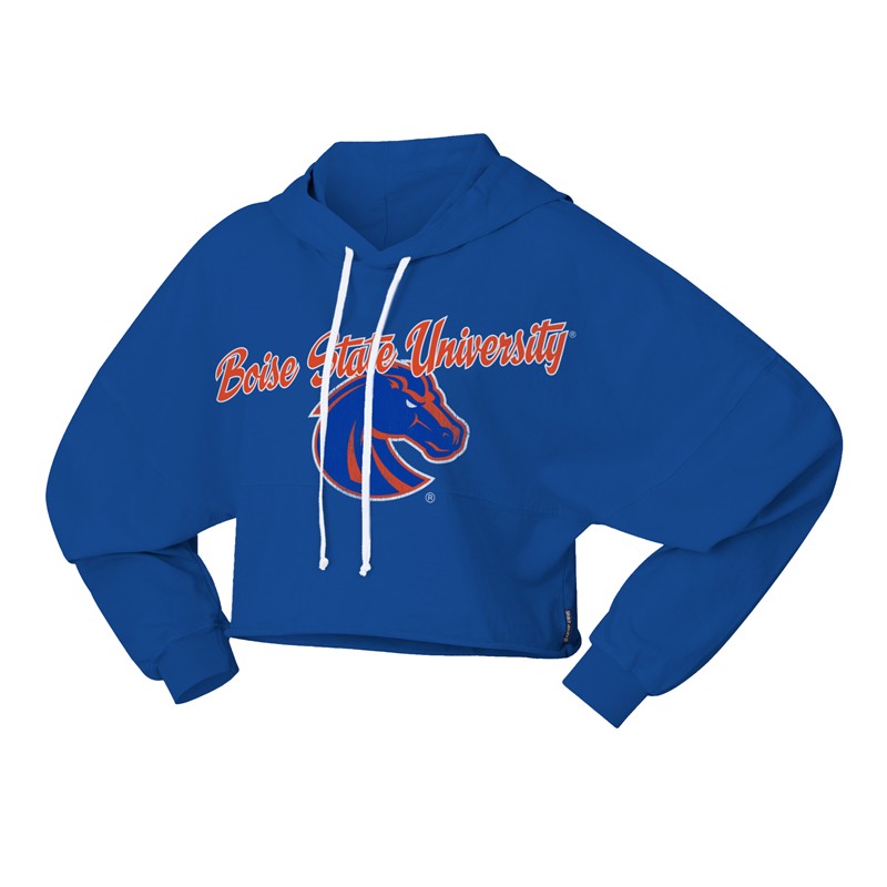Boise State Women’s Cropped Hoodie - Script Wordmark Over Bronco Logo by Spirit Jersey (SKU 13495213656) Boise State Women’s Cropped Hoodie - Script Wordmark Over Bronco Logo by Spirit Jersey - main view