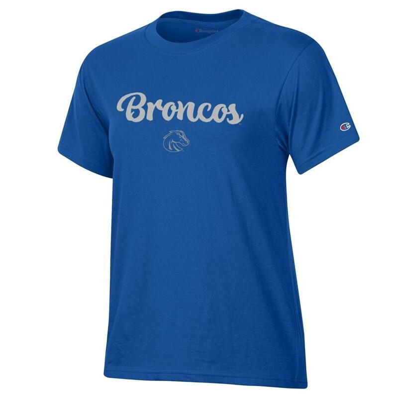 Boise State Women’s T-Shirt - Broncos Glitter Script Over Athletic Logo by Champion (SKU 13423513656) Boise State Women’s T-Shirt - Broncos Glitter Script Over Athletic Logo by Champion - main view