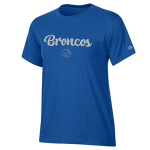 Boise State Women’s T-Shirt - Broncos Glitter Script Over Athletic Logo by Champion - main view
