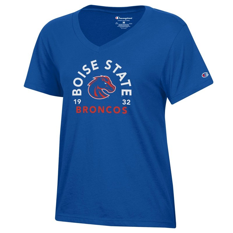 Boise State Women’s V-Neck T-Shirt - Circle Bronco Logo 1932 Royal Blue by Champion (SKU 13500092656) Boise State Women’s V-Neck T-Shirt - Circle Bronco Logo 1932 Royal Blue by Champion - main view