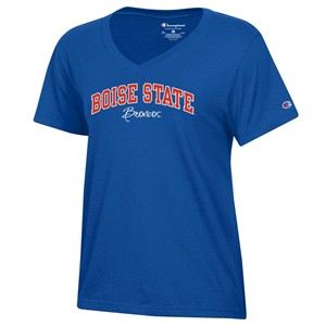 Boise State Women’s V-Neck T-Shirt - Arch Over Script Broncos by Champion (SKU 13500146656) Boise State Women’s V-Neck T-Shirt - Arch Over Script Broncos by Champion - main view