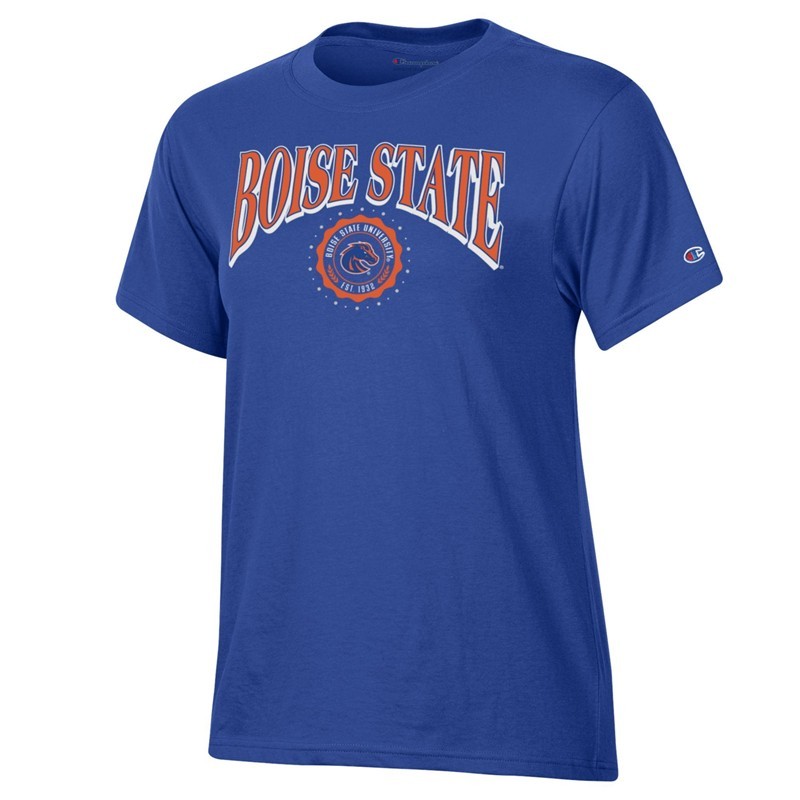 Boise State Women’s T-Shirt - Wordmark Over Rhinestones by Champion (SKU 13454180656) Boise State Women’s T-Shirt - Wordmark Over Rhinestones by Champion - main view