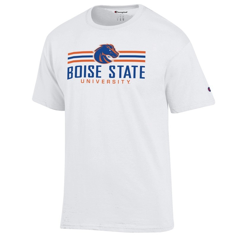 Boise State T-Shirt - Logo in Stripes Over University White by Champion (SKU 13499846658) Boise State T-Shirt - Logo in Stripes Over University White by Champion - main view