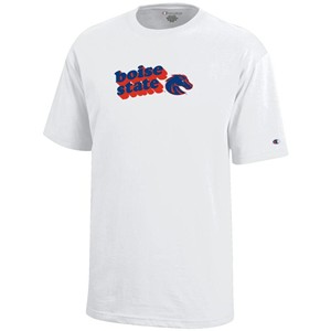 Boise State White Youth Girls T-Shirt - Retro Shadow Wordmark Over Logo by Champion - main view